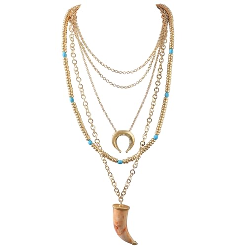 Dainty Layered Chain Necklace Horn Moon Disk Pendant Necklace Bohemian Beaded Charms Necklace