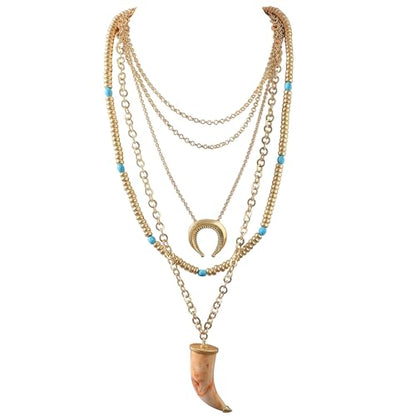 Dainty Layered Chain Necklace Horn Moon Disk Pendant Necklace Bohemian Beaded Charms Necklace