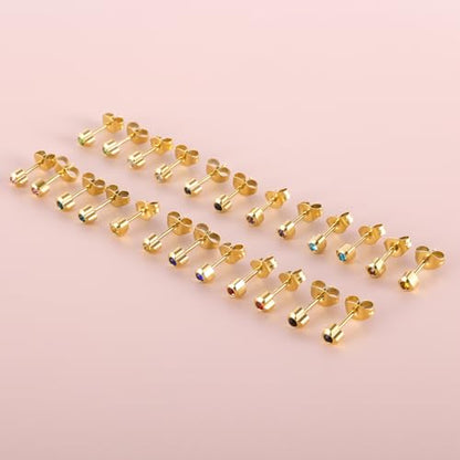 12 Pairs Ear Piercing Stud Earrings for Ear Piercing Guns, Surgical Stainless Steel Multicolor Round Heart Star Cubic Zirconia Birthstone Stud Earrings Set - style: Gold heart 4mm