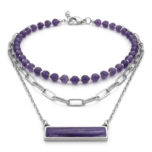 Layered Stone Necklace, Triple Strand Beaded Choker with Paperclip Chain, Boho Western Fashion Jewelry - color: Purple