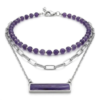 Layered Stone Necklace, Triple Strand Beaded Choker with Paperclip Chain, Boho Western Fashion Jewelry - color: Purple