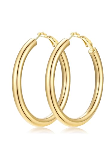 FaithHeart Silver/Black/Gold Stainless Steel Chunky Hoop Earrings for Women | Hypoallergenic Lightweight Hoop Earrings, Trendy Statement Thick Hoop, 20/30/40/50/60/70/80mm - color: Gold, size: 50mm