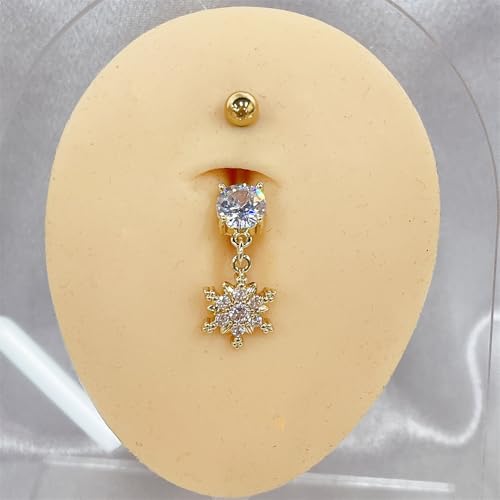 Crystal Snowflake Belly Button Rings for Women Stainless Steel Christmas Dangle Navel Ring Cubic Zirconia Floral Curved Barbell Body Piercing Jewelry - color: Gold