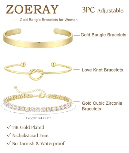 ZOERAY Silver Gold Bangle Bracelets for Women Non Tarnish 14k Gold Plated Stackable Cuff Bracelets for Women Trendy Cubic Zirconia Stainless Steel Chunky Bracelet Stack Set Waterproof Jewelry Gifts - color: A.Knot-Gold