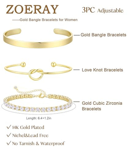 ZOERAY Silver Gold Bangle Bracelets for Women Non Tarnish 14k Gold Plated Stackable Cuff Bracelets for Women Trendy Cubic Zirconia Stainless Steel Chunky Bracelet Stack Set Waterproof Jewelry Gifts - color: A.Knot-Gold