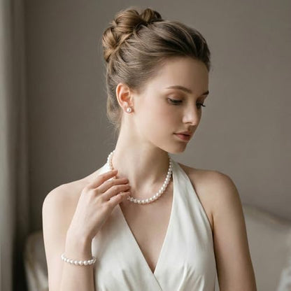 3PCS Pearl Jewelry Set for Women, Faux Pearl Necklace Bracelet Earrings Set, Round Pearl Costume Accessories for Brides Wedding Gift - style: Classic2