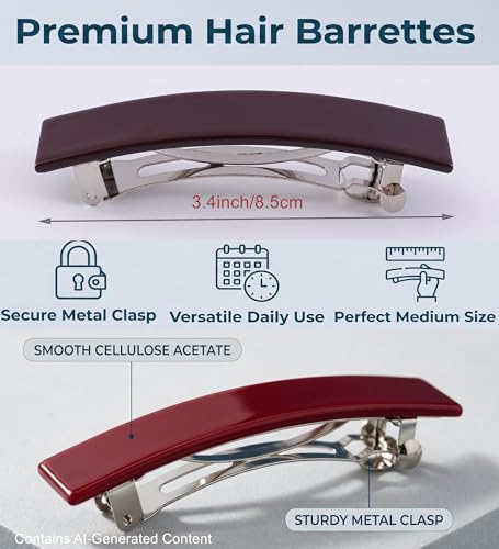 2 Pack French Design Hair Barrettes Tortoise Shell Acetate Celluloid Rectangle Hair Clips for Women - color: Dark Tortoise+Wine