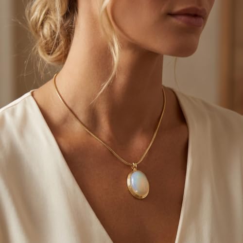 Sonateomber Gold Stone Pendant Necklace for Women, Chunky Statement Dainty Heart Oval Natural Gemstone Dangle Necklaces Wedding Prom Accessories Fashion Jewelry Gift - color: White Moonstone