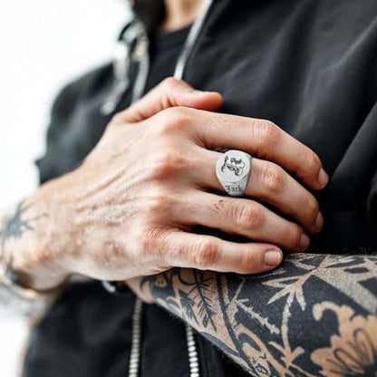 Custom Signet Ring for Men Personalized Initial Ring Custom Mens Rings Engraved Ring Customized Memorial Graduation Gifts for Father Husband Boyfriend Friends - color: Round Silver
