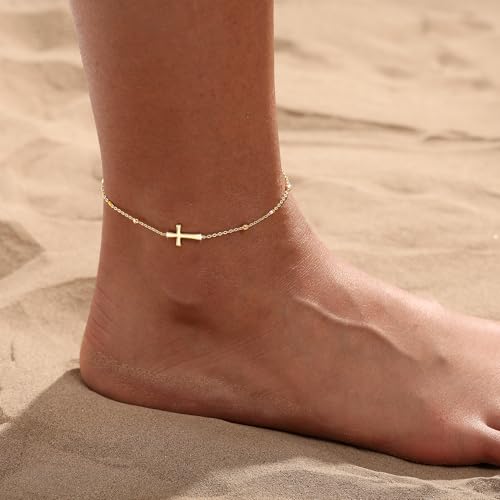 Ankle Bracelets for Women 14K Gold/Silver Plated Cross Heart Bead Anklet Waterproof Adjustable Chain Non Tarnish Cute Boho Trendy Dainty Summer Beach Foot Jewelry Gift for Her - style: Cross-GD