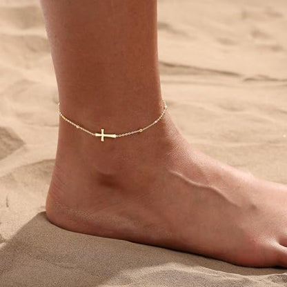 Ankle Bracelets for Women 14K Gold/Silver Plated Cross Heart Bead Anklet Waterproof Adjustable Chain Non Tarnish Cute Boho Trendy Dainty Summer Beach Foot Jewelry Gift for Her - style: Cross-GD