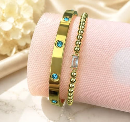 18K Gold Plated Blue Crystal Bangle Bracelet Set for Women, Stackable Adjustable Tennis Bracelet, Elegant Luxury Jewelry for Wedding, Cocktail Party, Anniversary and Formal Occasions