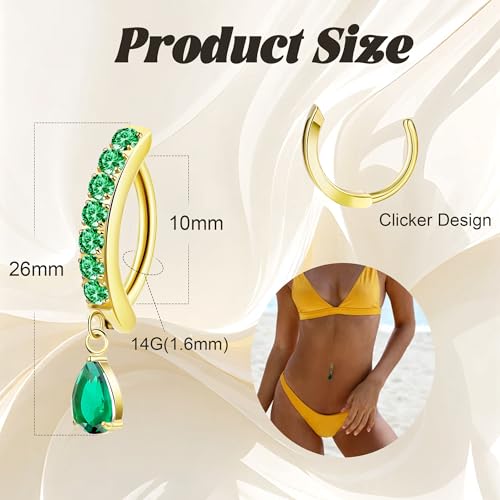 14G G23 Titanium Clicker Belly Button Ring for Women - Teardrop CZ Dangle Curved Reverse Barbell Navel Piercing - Hypoallergenic Jewelry - color: Green