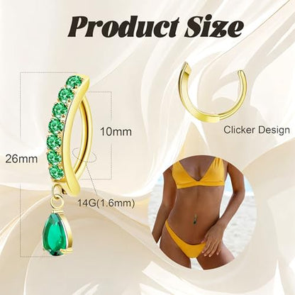 14G G23 Titanium Clicker Belly Button Ring for Women - Teardrop CZ Dangle Curved Reverse Barbell Navel Piercing - Hypoallergenic Jewelry - color: Green