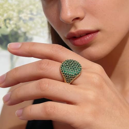 Luxury Dome Cubic Zirconia Adjustable Open Statement Ring for Women Men Gold-Tone Dainty Sparkly Crystal Colorful Rhinestone Geometry Statement Stacking Finger Band Wedding Party Fashion Jewelry - color: Green