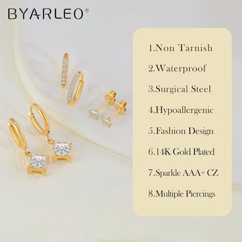 Surgical Steel Small Stud Clover Drop Dangle Huggie Hoop CZ Stud Earrings - color: E-14K Gold Plated S