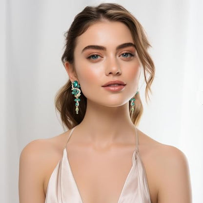 Fashion Rhinestone Statement Drop Dangle Earrings Long Colorful Crystal Bridal Wedding Teardrop Chandelier Earrings for Women Prom Pageant - color: Green