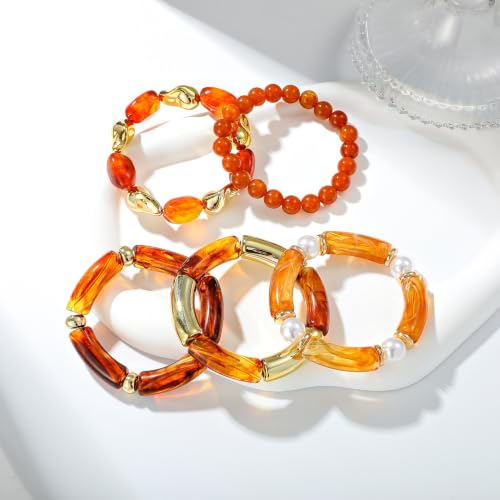 GOOJIDS Simple Beaded Gold Plated Bangles Bracelet Chunky Bamboo Tube Curved Stacking Clear Acrylic Colorful Beads Stretchable Gold Plated Bracelets Set For Women - color: S-Brown 5pc Set