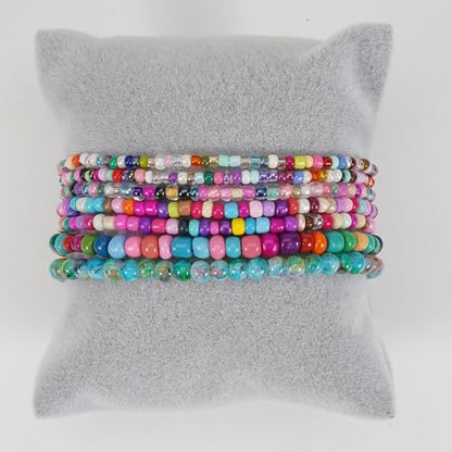 Handmade Stackable Rice Seed Beaded Ball Bracelets set for women, Romantic Boho Trendy Acrylic Glass Stretch Accessories Multi Layer Jewelry, Daily Wear Party Holiday Friendship Gift - color: Rainbow