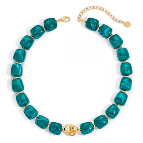Beaded Necklaces for Women Boho Chunky Necklace Statement Big Resin Bead Choker Fashion Summer Beach Jewelry - color: Teal Blue