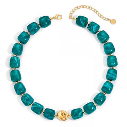 Beaded Necklaces for Women Boho Chunky Necklace Statement Big Resin Bead Choker Fashion Summer Beach Jewelry - color: Teal Blue