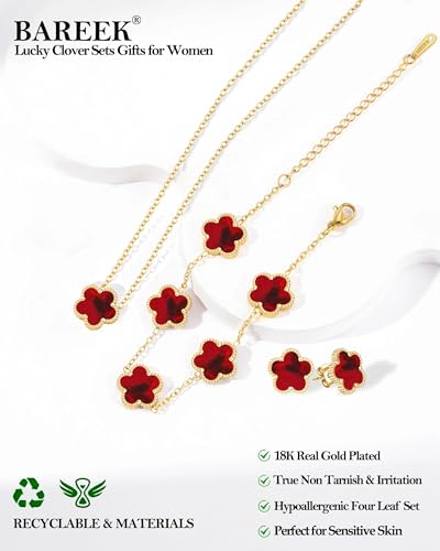 Clover Jewelry Set 3 PC - 18K Gold Plated Stainless Steel Y Necklace Four Leaf Pendant, Clover Link Bracelet Charm, Flower Earrings, Hypoallergenic Non-Tarnish,Simple Luxury Lucky Gifts for Women - color: Red