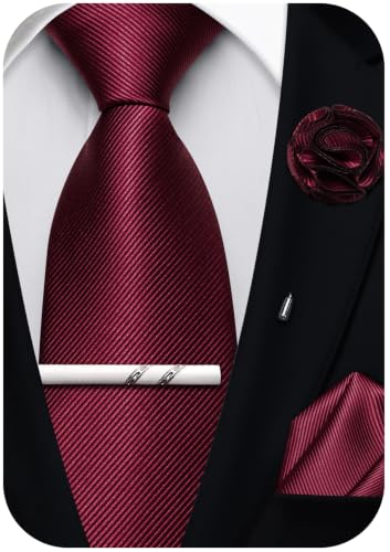 Solid Color Tie and Pocket Square with Tie Clip Lapel Pin Silk Formal Necktie Set Wedding Formal - color: Maroon
