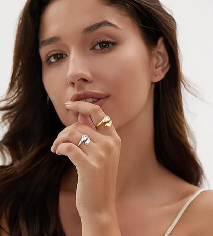 Non Tarnish Gold Chunky Rings for Women, 14K Gold Plated Statement Dome Rings Stacking Silver, Adjustable Mens Eternity Wedding Band Mixed Metal Jewelry Size 3-13 - color: Silver & Gold, size: 9, style: Diamond Love Bands(2 Pcs)