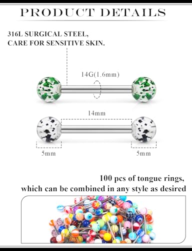 14G 100Pcs Colorful Ball Surgical Steel and Bioflex Flexible Acrylic Nipple Tongue Rings Piercing Jewelry 14 Gauge Straight Barbell Tongue Nipple Ring Piercing Jewelry Retainer For Women Men - size: 14G-14MM Surgical Steel Bar