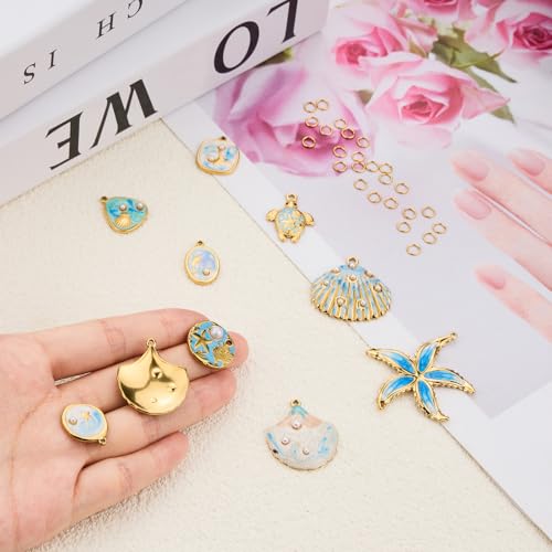 UMAOKANG 9pcs Blue Enamel Ocean Collection Charms for Jewelry Making, Gold Plated Stainless Steel Charm Pendant Bulk with Jump Rings - color: Blue