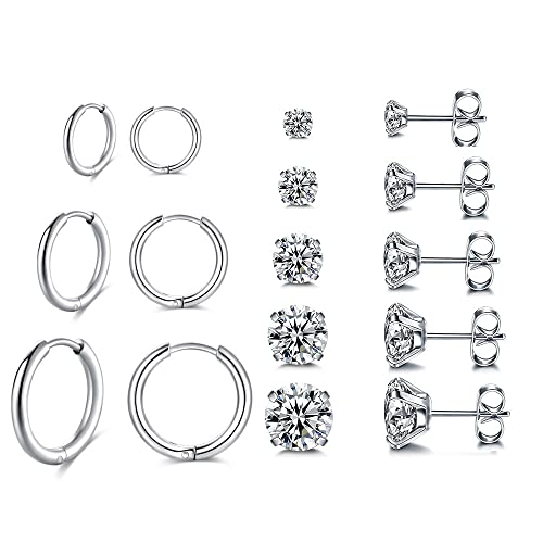 Surgical Stainless Steel Stud Earrings Hoop Earrings for Women Men 14K Gold Plated Hypoallergenic Cartilage Earrings Flat Back CZ Earrings Set Dainty Multiple Piercing Pack of 8 Pairs - color: Push back (Silver)
