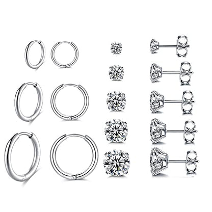 Surgical Stainless Steel Stud Earrings Hoop Earrings for Women Men 14K Gold Plated Hypoallergenic Cartilage Earrings Flat Back CZ Earrings Set Dainty Multiple Piercing Pack of 8 Pairs - color: Push back (Silver)