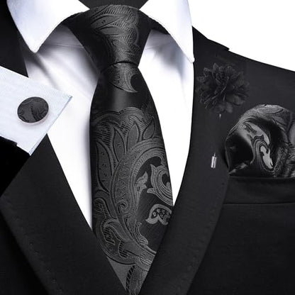 GUSLESON Paisley Tie Set for Men 3.15" Necktie Lapel Pin Hankerchief Cufflinks Set for Men - color: Black