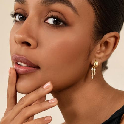 Cicy Bell Gold Earrings For Women 18k Gold Plated Triple Dangle Earrings | Hypoallergenic Drop Huggie Earrings Small Hoop Statement Chain Tassel Earrings Trendy Jewelry Gifts - color: Style F-Gold