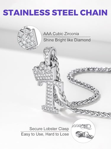 Richsteel Silver Crown Initial A-Z Letter Pendant Necklace for Men Women | Cubic Zirconia Monogram, 316L Steel Chain, 22" + 2" Extender,Hypoallergenic,Gift Box, Hip Hop Jewelry - style: I