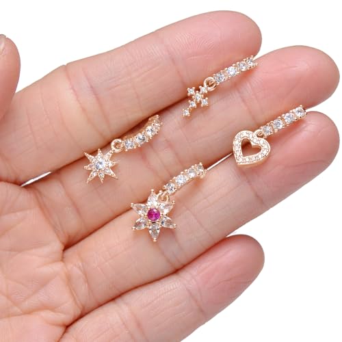 10Pcs Dangle Nose Rings Hoop Butterfly Heart Moon Flower Star CZ Cartilage Earring Dangling Nose Body Piercing Jewelry 20G Silver Rose Gold Black Tone - color: C:Rose Gold Tone