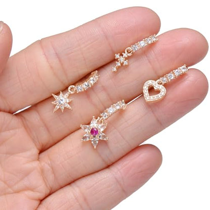 10Pcs Dangle Nose Rings Hoop Butterfly Heart Moon Flower Star CZ Cartilage Earring Dangling Nose Body Piercing Jewelry 20G Silver Rose Gold Black Tone - color: C:Rose Gold Tone