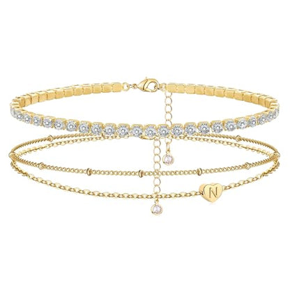 YANODA Gold Initial Bracelets for Women, 14K Gold Plated Bracelet Sets Trendy Gold Bracelet Stack Dainty Heart Letter Initial Bracelets Adjustable Tennis Bracelets Personalized Jewelry for Women - color: N
