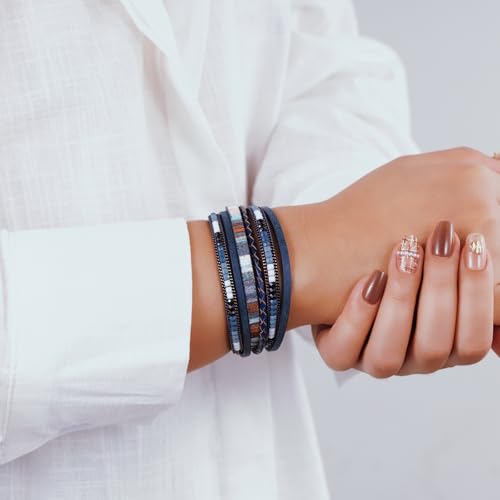 Boho Leather Wrap Bracelets Beaded Stackable Cuff Bracelet Country Concert Outfits Cowboy Cowgirl Western Jewelry Gifts for Women - color: 2layer-Blue