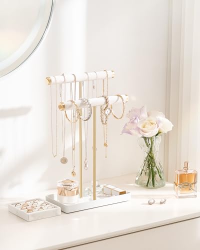Lolalet 2-Tier Necklace Holder Display, Jewelry Stand with Ring Tray -White | Velvet Wrapped Jewelry Organizer, Tall Bracelet Stand for Bangles Watches Earrings, Gifts for Mom Girls Women Mother's Day - color: White
