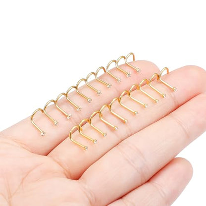 Hoeudjo Nose Studs Surgical Steel Cubic Zirconia Nose Rings Kit for Women Men Tiny Nose Stud Screw & Bone & L Shaped Nostril Piercing Jewelry 24-18 Gauge 20 Pieces Set - color: gold-tone,screw nose studs, size: 20g/1.5mm clear CZ