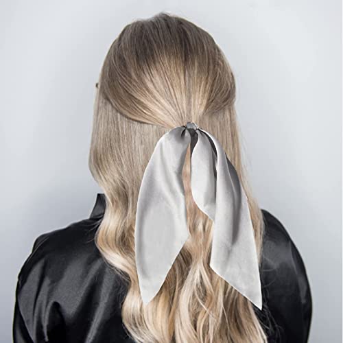 3PCS Hair Scarf Scruncheis for Women Knotted Bow Hair Ties Elastic Bands Satin Hair Ribbon Scrunchy Red Ponytail Holder for Women and Girls (Black White Gray) - color: Black White Gray