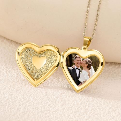 PHOCKSIN Personalized Locket Necklace for Women Photo Necklace with Customized Picture Birth Flower Birthstone Customizable Birthday Gifts - color: #09-Heart Gold Flower