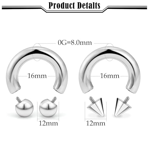 20G-00G Septum Rings horseshoes Nose Rings Hoops 316L Surgical Steel Snake Bites Lip Nipple Ring Cartilage Tragus Helix Rook Conch Daith Earrings Pa Piercing Jewelry for Women Men - style: 0G(8.0mm)-Dia:16mm