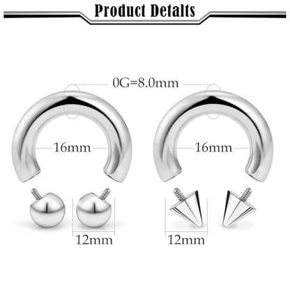20G-00G Septum Rings horseshoes Nose Rings Hoops 316L Surgical Steel Snake Bites Lip Nipple Ring Cartilage Tragus Helix Rook Conch Daith Earrings Pa Piercing Jewelry for Women Men - style: 0G(8.0mm)-Dia:16mm