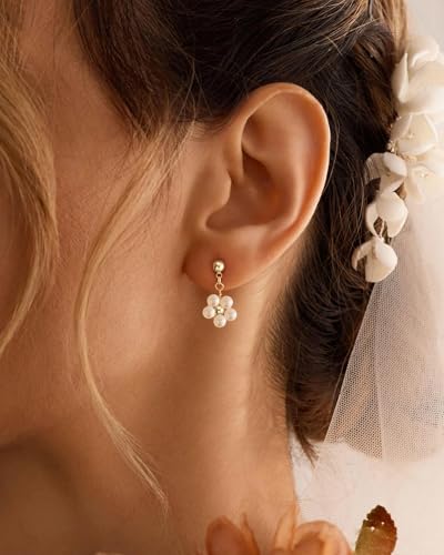 Pearl Earrings - 14k Gold or White Gold Plated Sparkle Cubic Zirconia Dainty Pearl Stud Earrings for Women Wedding Party Bridal - color: gold flower