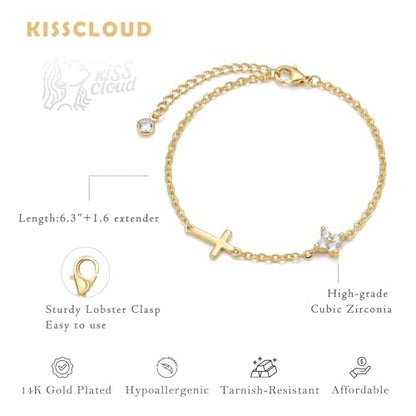Bracelets for Women, Dainty Gold Silver Ring Bracelet Hand Chain | Cubic Zirconia Pearl Charms, 14K Gold Plated, Adjustable Fit, Trendy Stackable Link Chain, Waterproof Jewelry, Gift for Her - color: Gold-cross+clover charm bracelet
