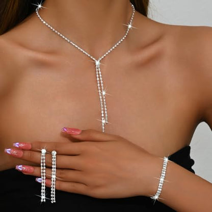 MIFYNN Rhinestone Wedding Set for Women Sparkle Crystal Earrings Necklace Bracelet Jewelry Set Wedding Party Prom Jewelry Set for Brides Bridesmaid - color: Silver1