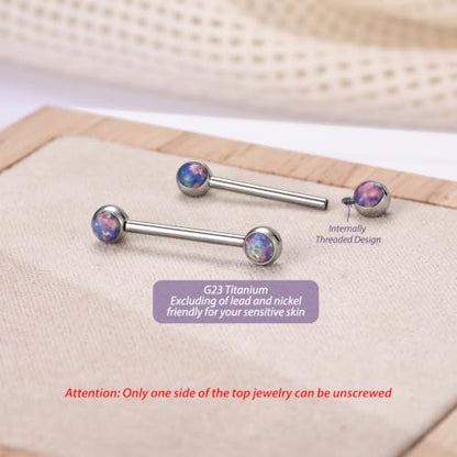 FUNLMO 2pcs Nipple Piercing Jewelry Titanium Nipple Rings Internally Threaded Tongue Rings Bridge Piercing Jewelry Nipple Barbells 14G 12-20mm - color: Silver,Purple Opal