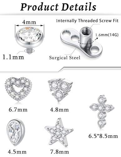 Dermal Anchor Tops and Base 14G Stainless Steel Microdermals Body Piercing Studs Punk Heart Star CZ Teardrop Tops Internally Threaded Surface Skin Piercing Jewelry for Women Men Gold Silver Color
